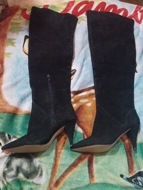 ALDO Real Suede Black Over The Knee Pointed Toe Kitter Heeled Boots Size 9